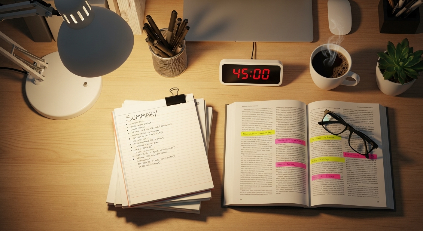 시험을 앞두고 막판 스퍼트를 위해 정리된 책상 위 요약 노트와 교재들