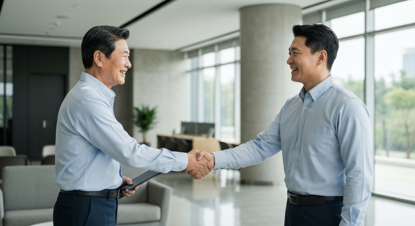 성공적인 면접을 마친 후 젊은 채용 담당자와 악수하며 미소 짓는 자신감 있는 시니어 남성