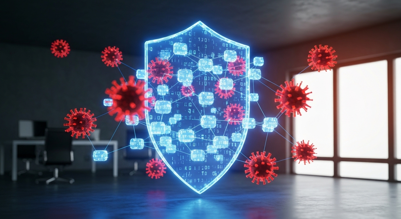 데이터 노드를 보호하는 방패 모양의 추상적인 기업 정보보안 솔루션 시각화 이미지