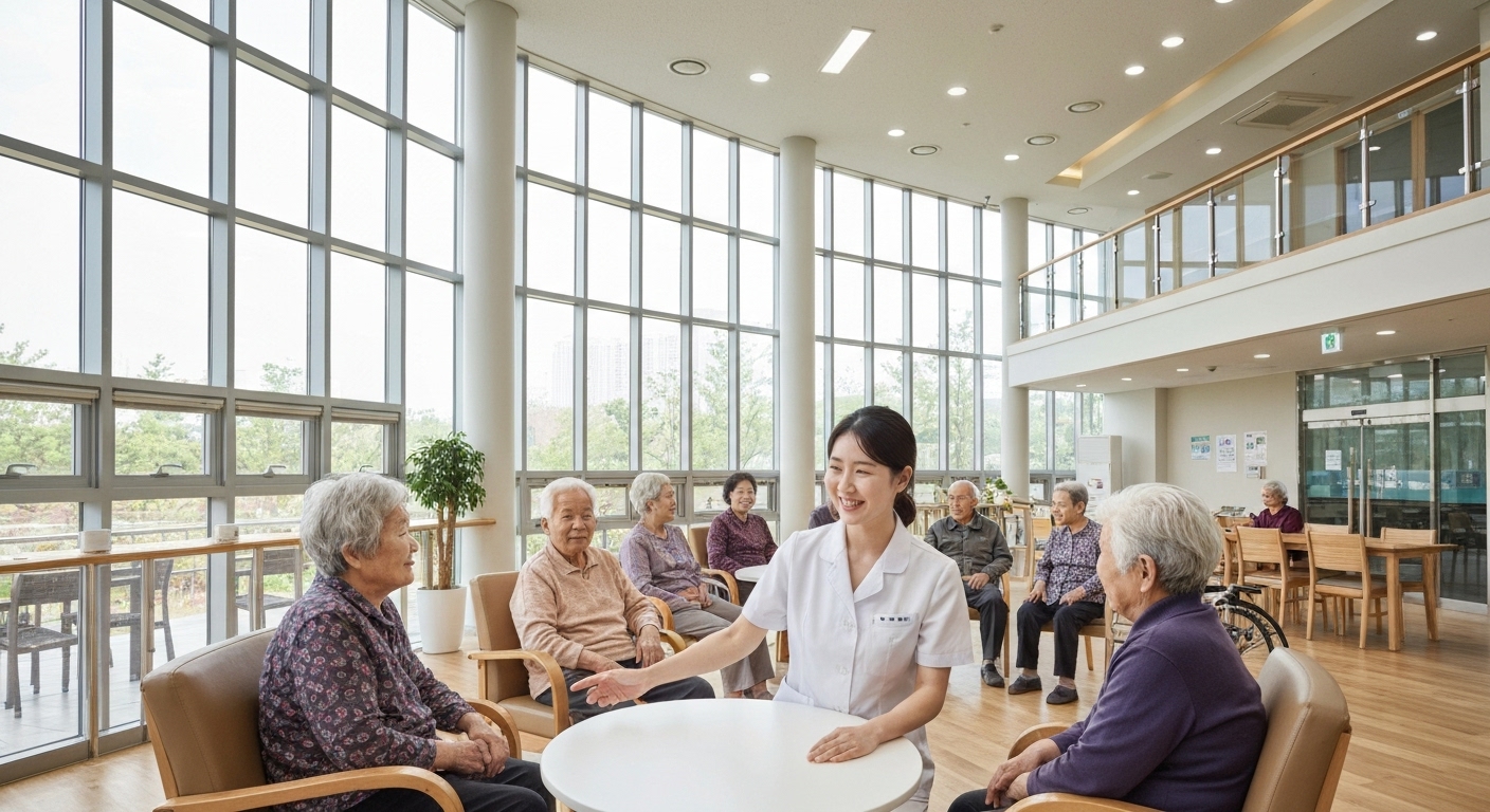 한국 지역사회 복지센터에서 노인 돌봄 지원 서비스를 받는 모습