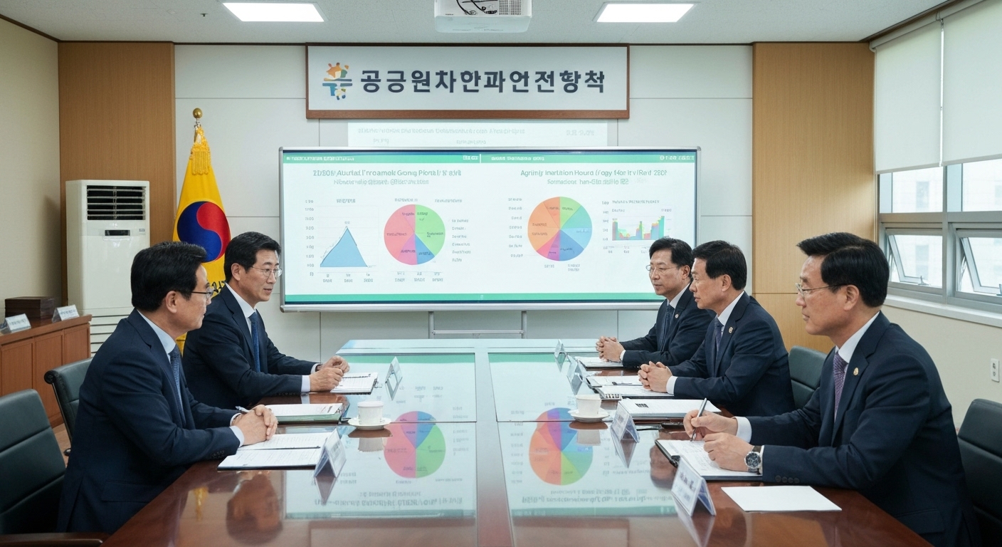 2025년 스마트팜 정책과 농업 기술 성장 추세를 논의하는 한국 정부 관계자 회의장