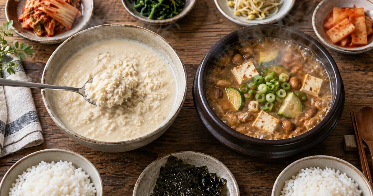 콩비지찌개와 청국장을 숟가락으로 떠 보며 콩 식감과 발효 향 차이를 비교한 한식 점심 상차림