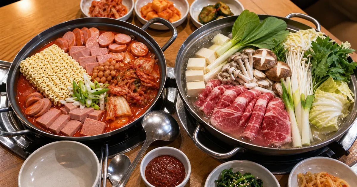 부대찌개 재료와 전골 재료를 각각 담은 냄비를 위에서 비교한 점심 상차림