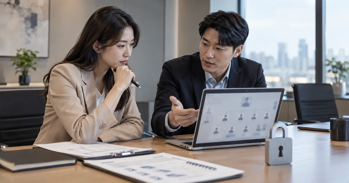 인사관리시스템 비용 산정을 위해 HR팀과 IT팀이 조직도와 권한 회수를 검토하는 장면