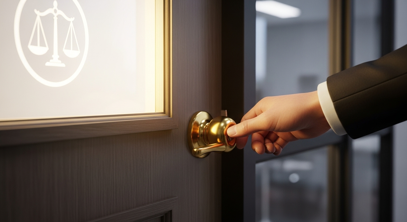 법률 사무소의 문을 열며 희망을 찾는 모습