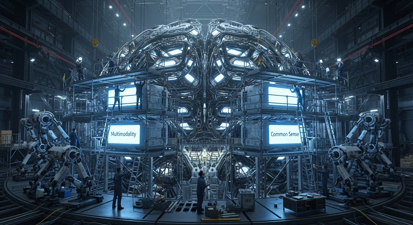 AGI 완성을 위해 해결해야 할 멀티모달리티, 상식 추론 등 기술적 과제를 표현한 이미지