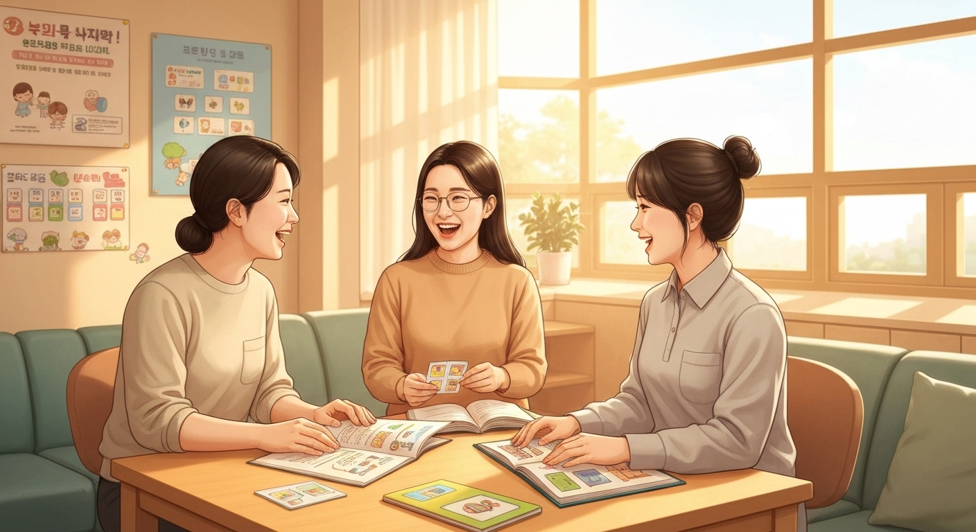 한국 어린이집 교사들이 휴게실에서 교육 자료를 보며 이야기하는 모습, 복지와 교육 지원 강조