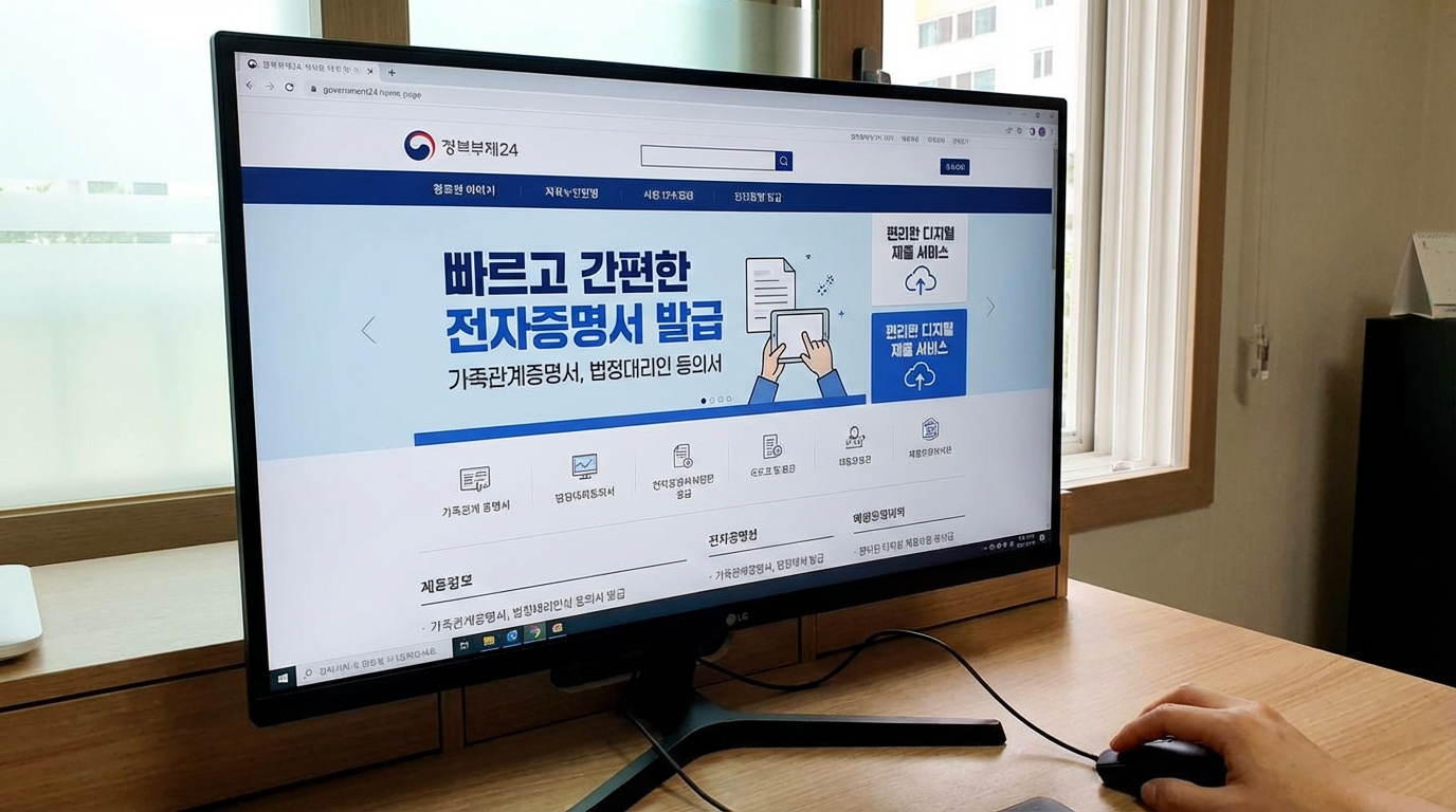 정부24 사이트에서 가족관계증명서와 법정대리인 동의서 전자문서 발급 화면