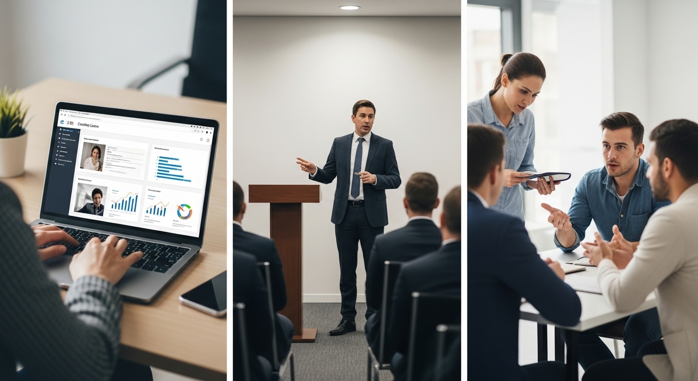 온라인 교육, 강사 초빙 교육, 자체 교육 등 세 가지 장애인 인식개선 교육 방법을 보여주는 이미지