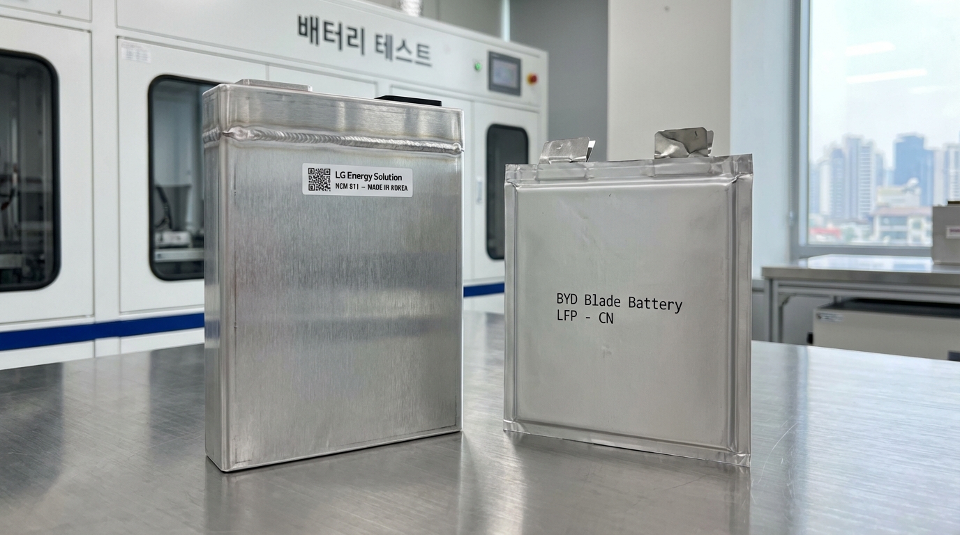한국 실험실에서 촬영한 NCM과 LFP 배터리 셀의 클로즈업 이미지