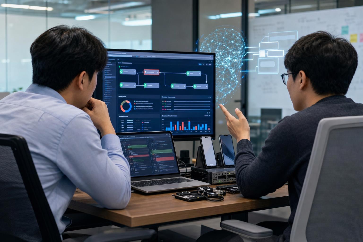 AI 코딩 테스트 자동화와 CI 테스트 게이트를 점검하는 개발팀 화면