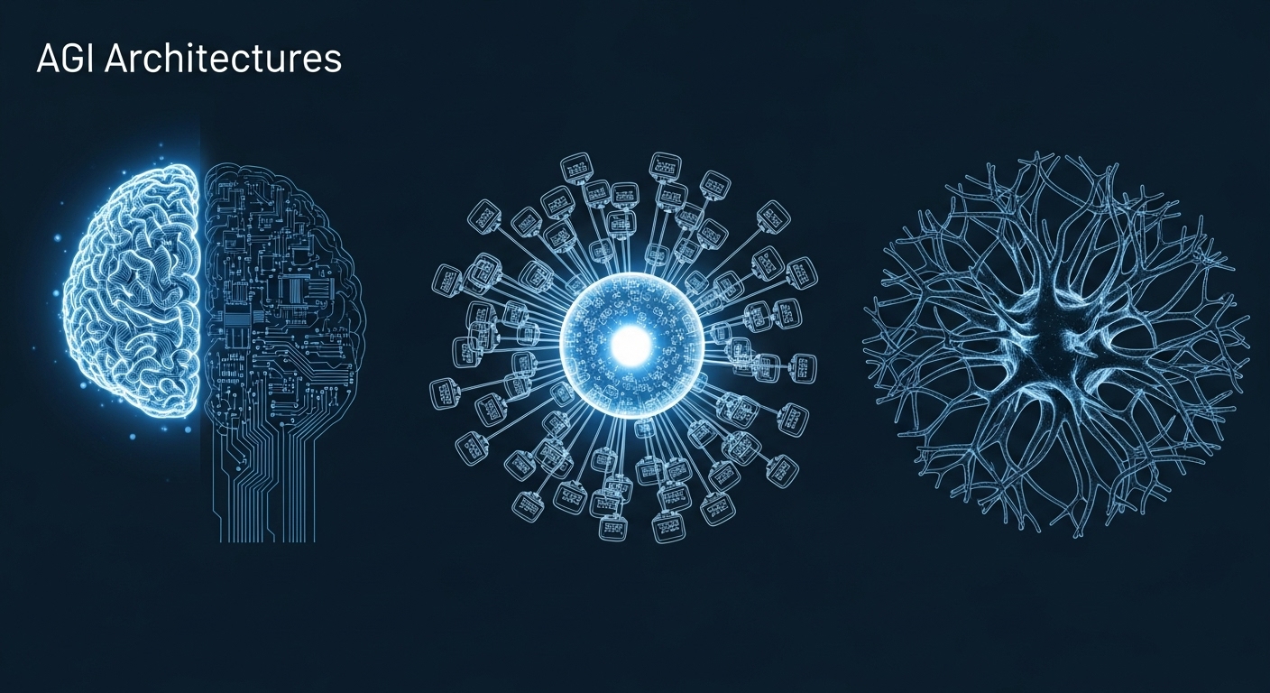 2025년 주목받는 세 가지 AGI 아키텍처인 신경-상징주의, 모듈식 에이전트, 생물학적 영감을 비교하는 청사진 이미지.