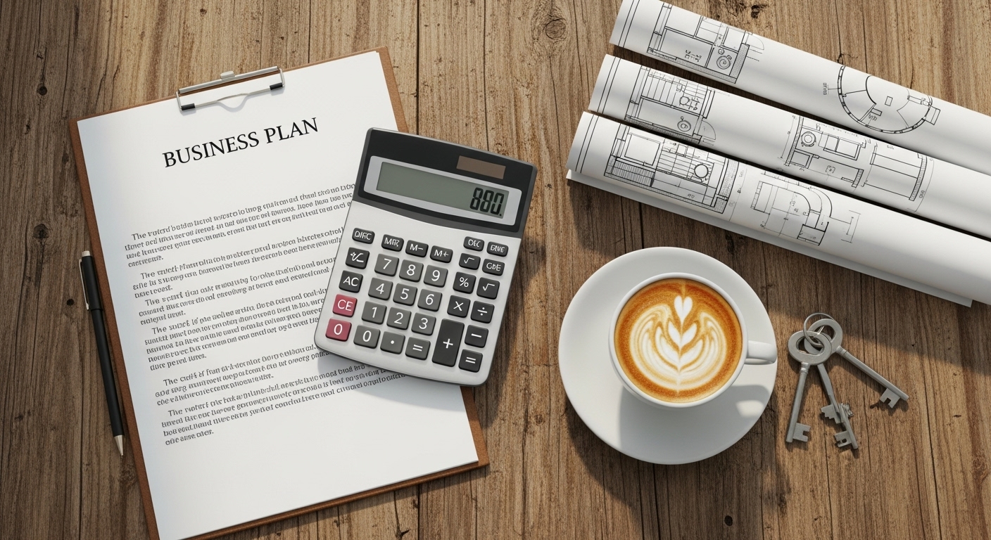 카페 창업 비용 계획을 상징하는 계산기, 사업계획서, 설계 도면이 놓여있는 책상