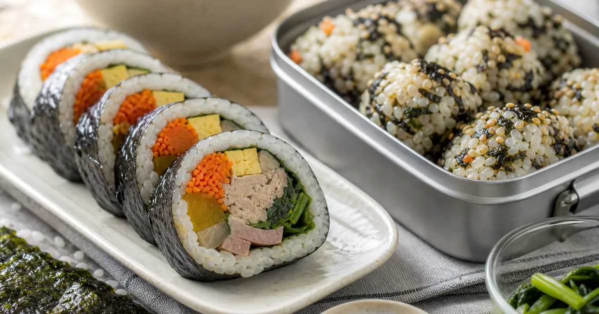 김밥 단면과 주먹밥 도시락을 가까이 두고 속재료와 휴대성 차이를 보여주는 점심 상차림