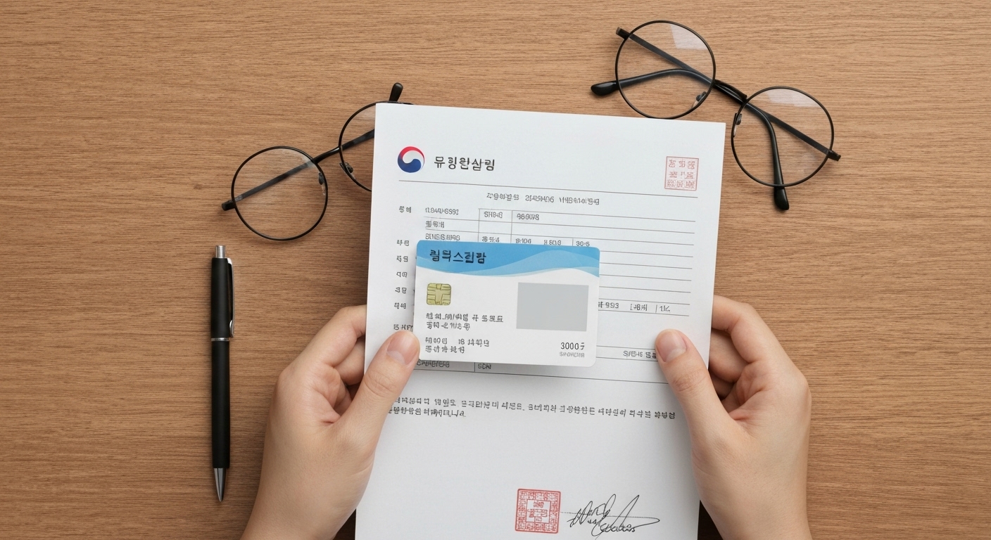 책상 위에 놓인 보청기 정부 지원 자격 확인에 필요한 서류와 장애인 복지카드