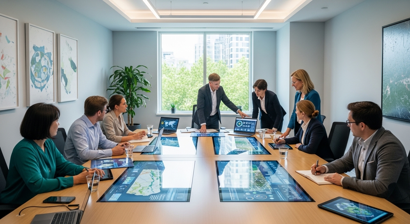 환경 NGO 전문가들이 사무실에 모여 환경 데이터와 지도를 보며 정책을 논의하는 모습