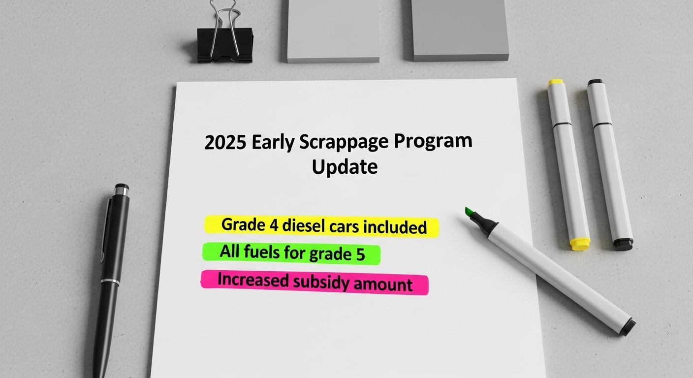 2025년 조기폐차 지원금의 세 가지 핵심 변경사항이 강조된 서류 이미지.