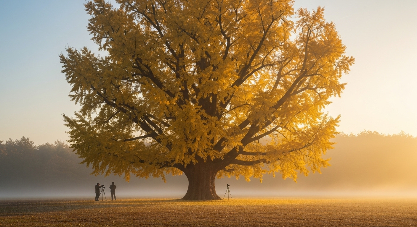 이른 아침 동이 틀 무렵, 인적이 드물고 고요한 분위기의 반계리 은행나무 풍경