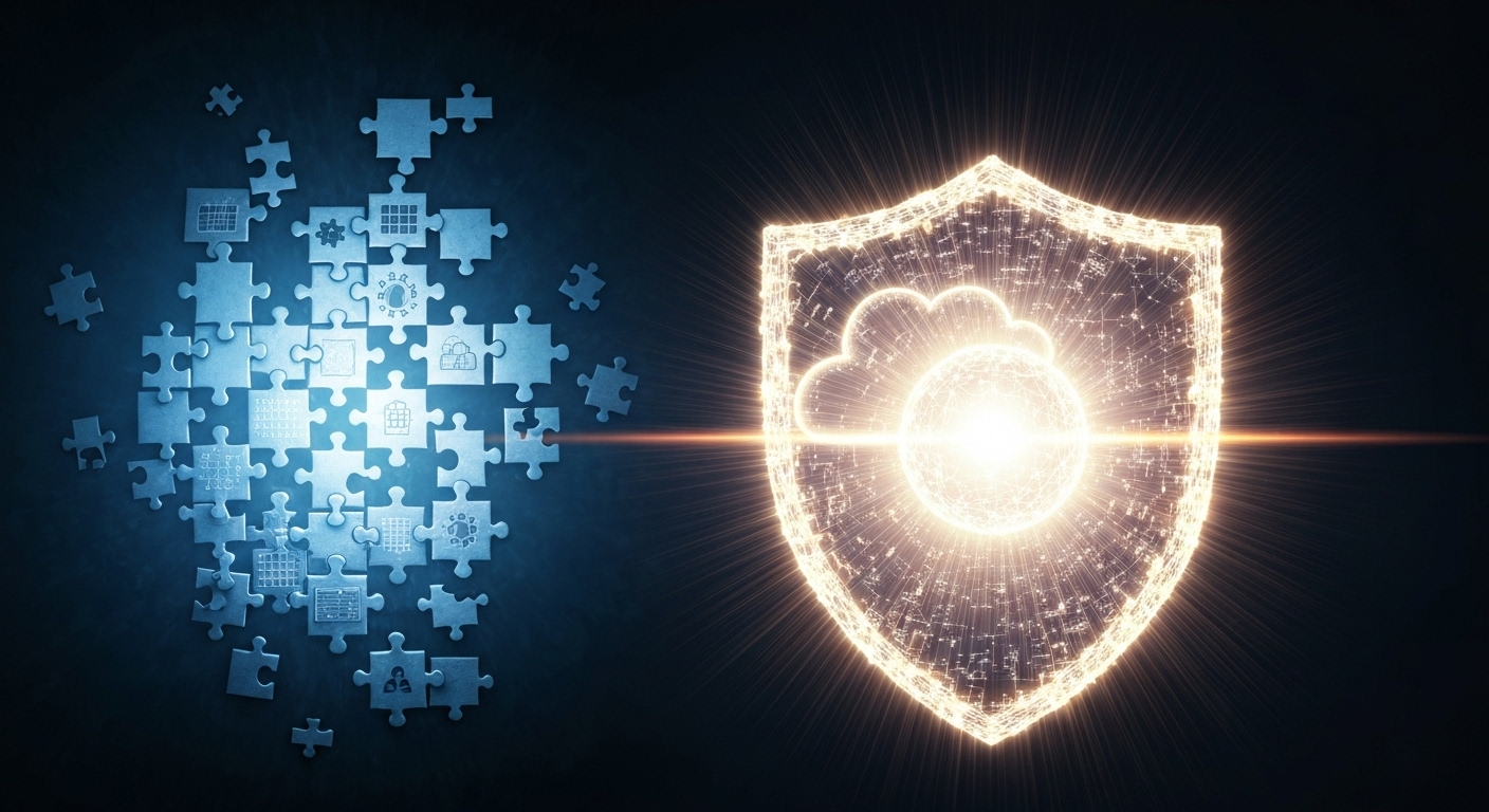 파편화된 보안 요소들이 하나의 통합된 방패로 합쳐지는 과정을 시각화한 이미지