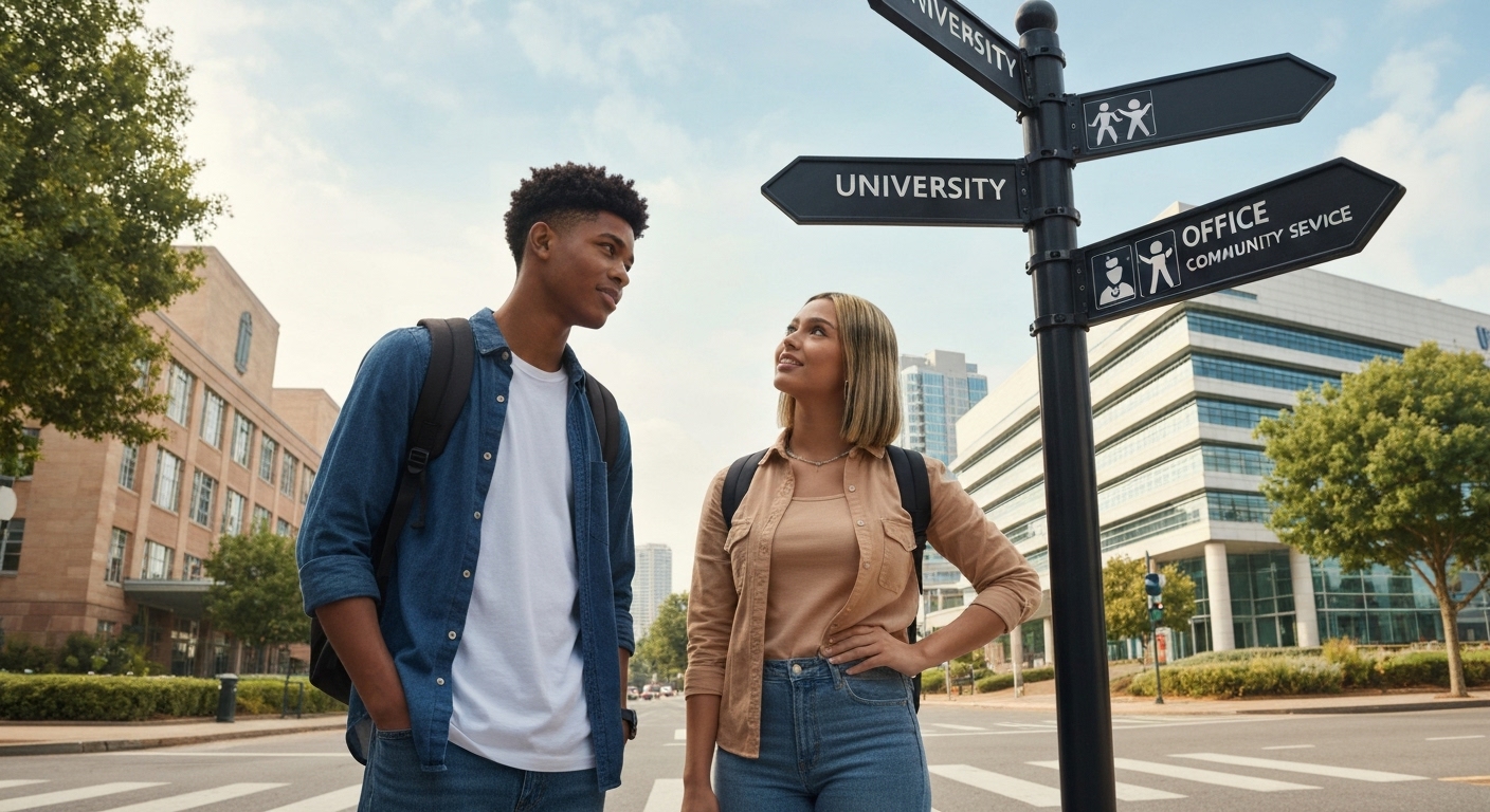 교차로에 서서 대학과 회사 방향을 가리키는 자원봉사 표지판을 보고 있는 남녀 학생