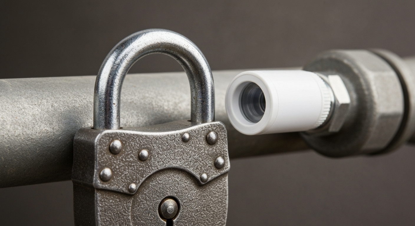 작은 IoT 센서에 맞지 않는 크고 무거운 전통적인 자물쇠를 통해 기존 보안 솔루션의 한계를 시각적으로 표현
