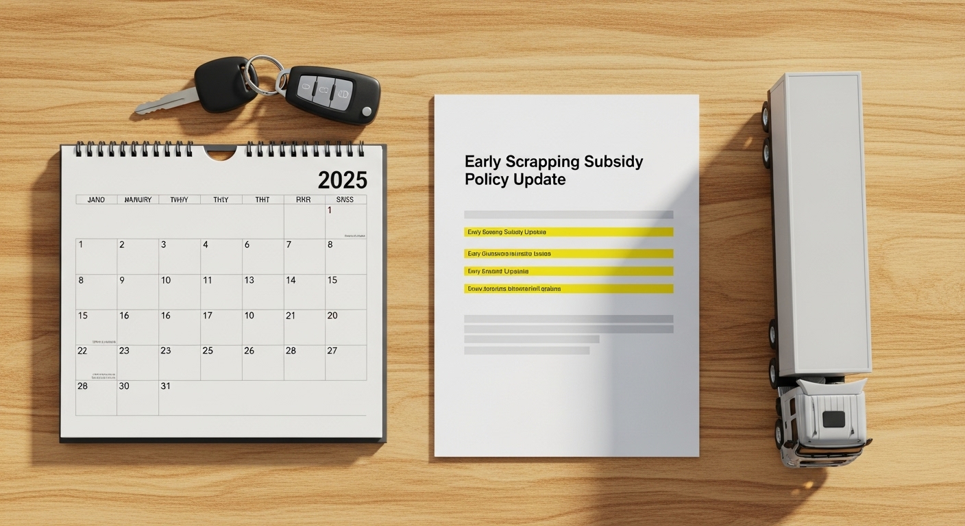 2025년 조기폐차 지원 사업 변경점을 설명하는 달력과 서류 이미지