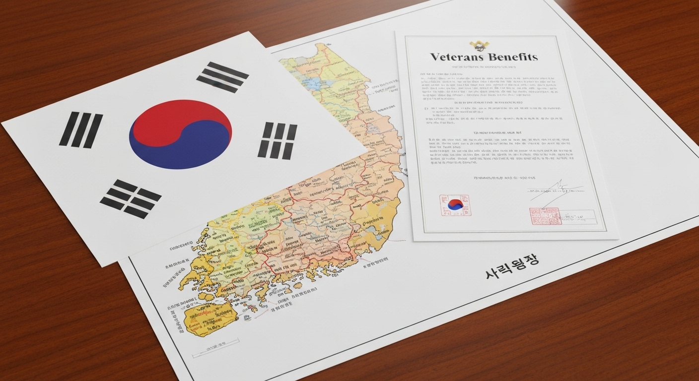 중앙정부와 지방자치단체의 보훈 수당 지원을 상징하는 태극기와 대한민국 지도