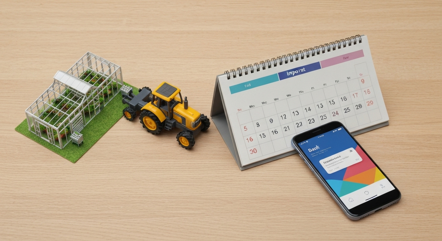 나무 테이블 위에 스마트팜 모형과 달력이 나란히 놓여 귀농 지원금의 종류를 상징적으로 보여주는 이미지