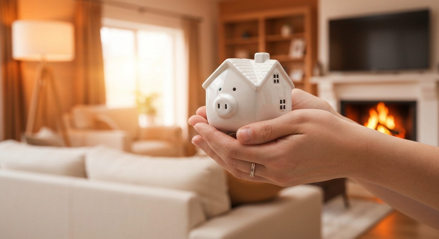 두 손으로 집 모양의 돼지 저금통을 소중하게 들고 있는 모습, 안정적인 주거와 저축의 중요성을 상징