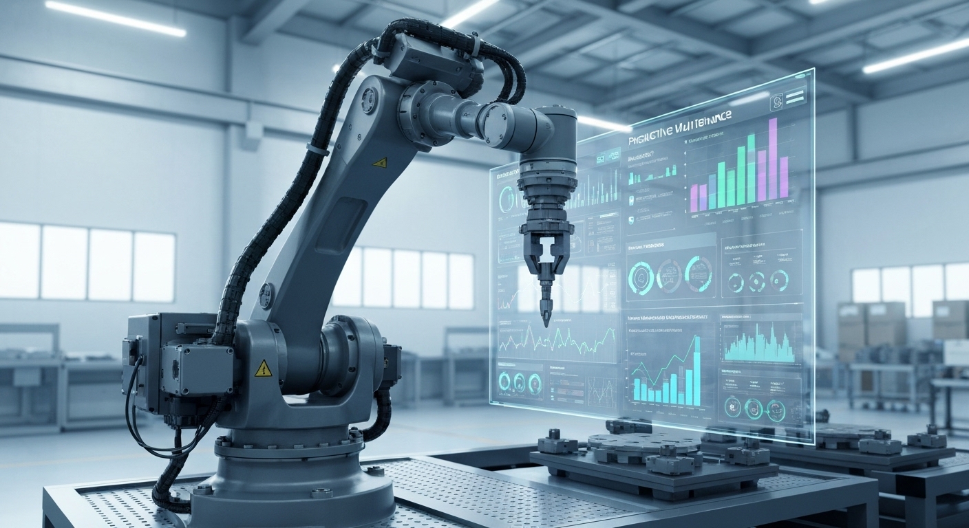 스마트 팩토리에서 AI가 예측 유지보수 데이터를 분석하는 장면