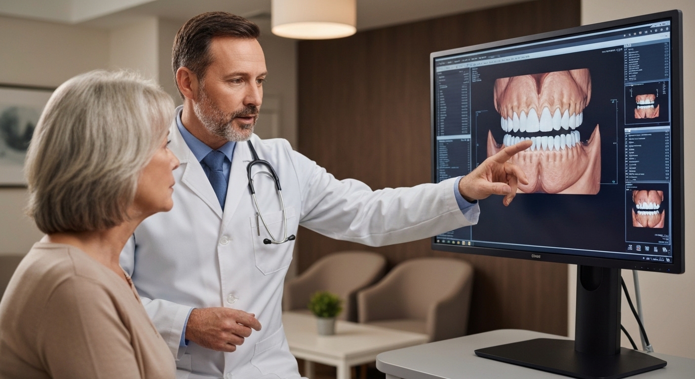 치과 의사와 환자가 임플란트 시술 위험성에 대해 상담하는 모습