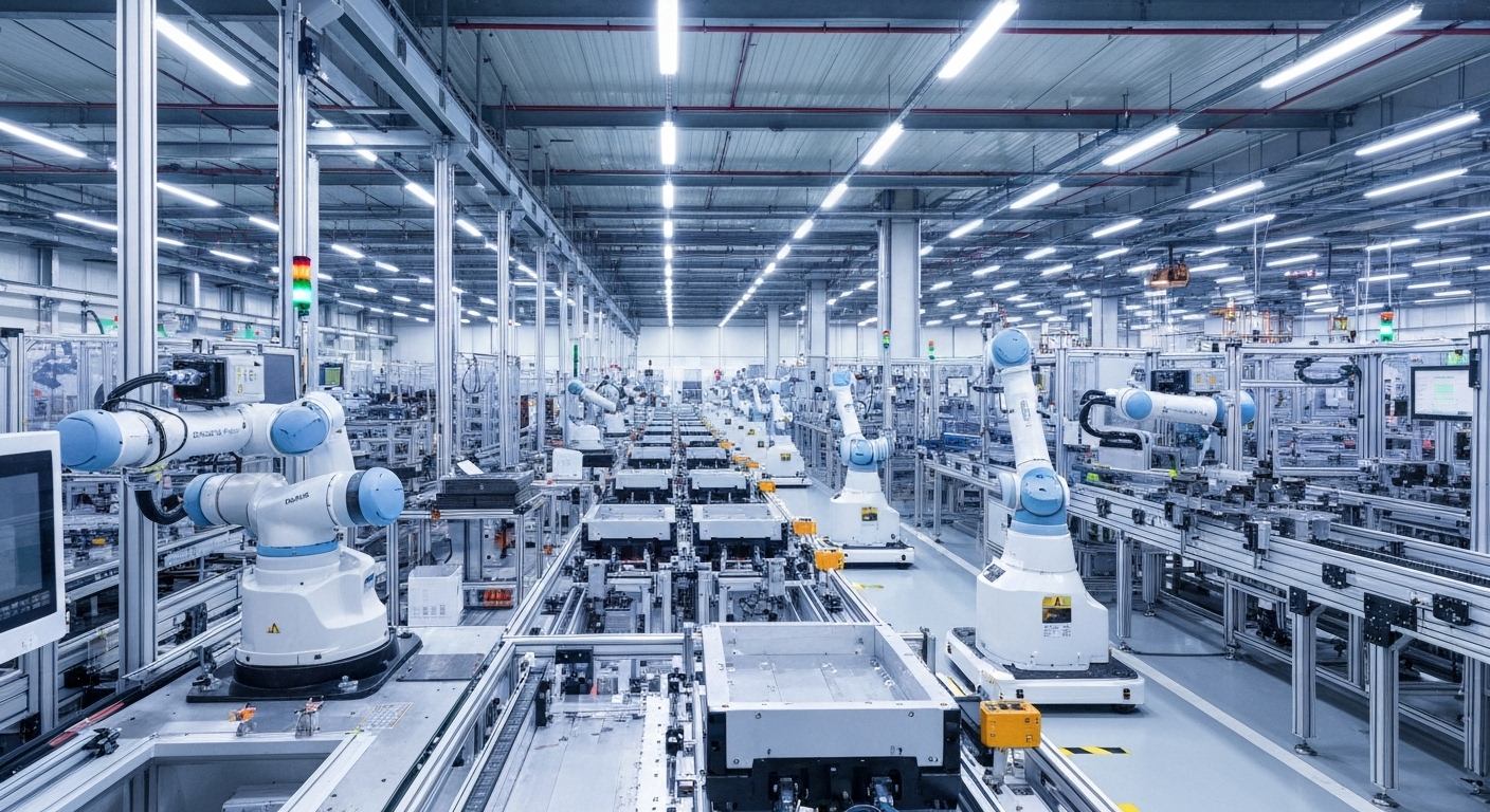 한국 스마트팩토리 생산라인에서 유연하게 작동하는 협동 로봇과 무인 운반차 모습