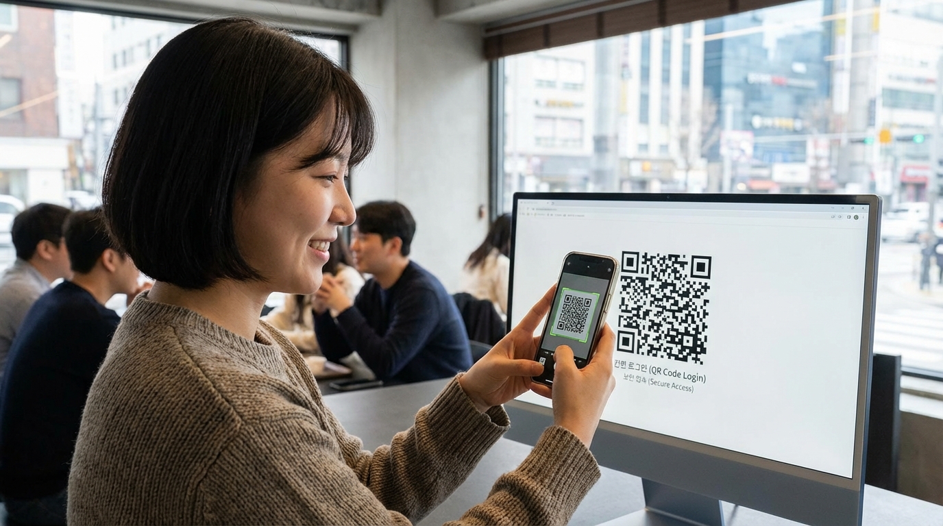 한국인이 PC 화면의 QR코드를 스마트폰으로 스캔하며 앱카드 간편 로그인하는 장면