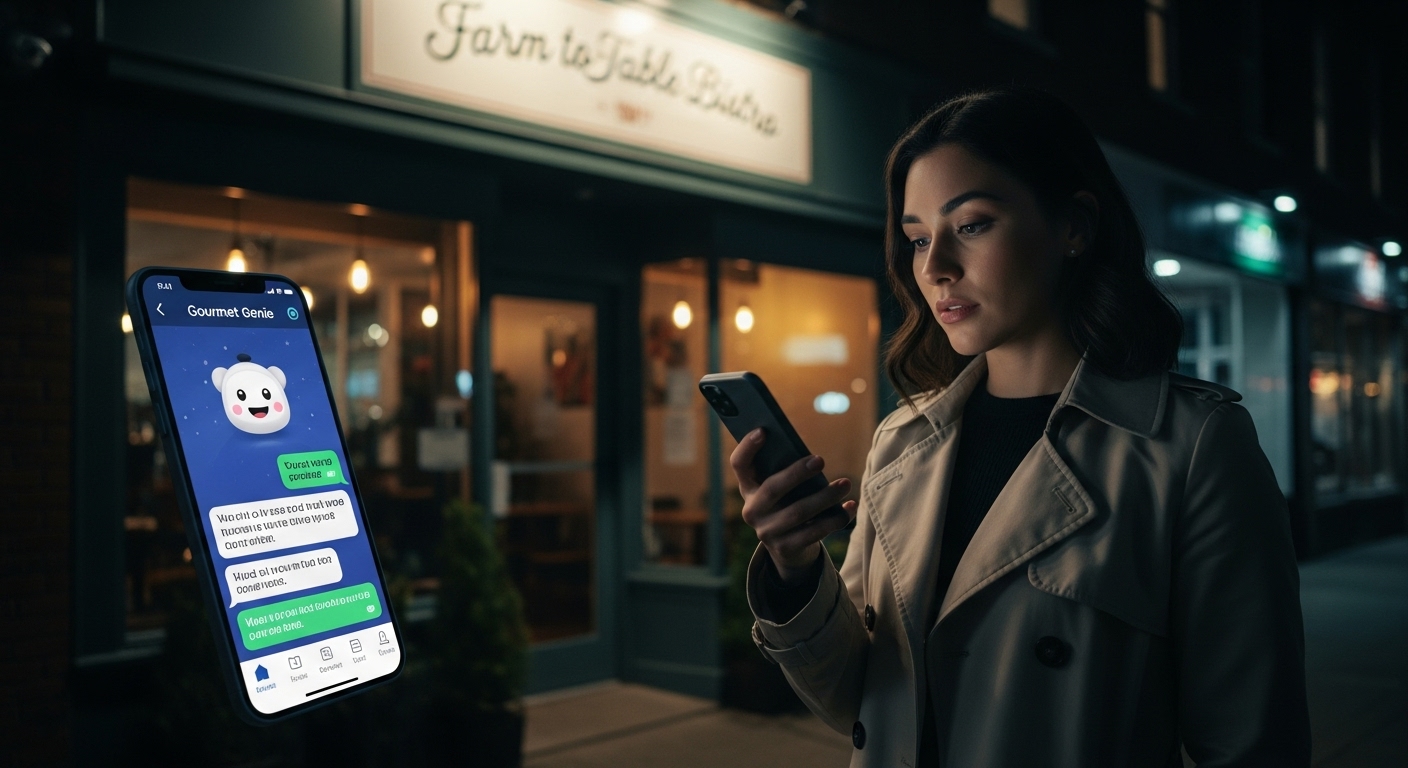 영업이 끝난 밤 가게 앞에서 스마트폰 AI 챗봇으로 24시간 문의하는 고객의 모습