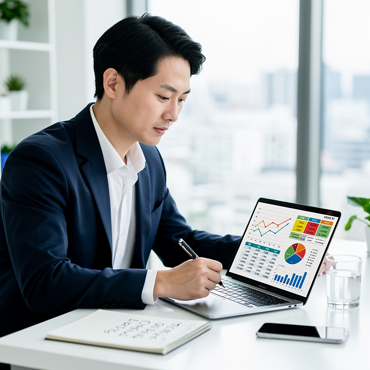 사업계획서 작성에 몰두하는 한국 소상공인 사업가의 모습