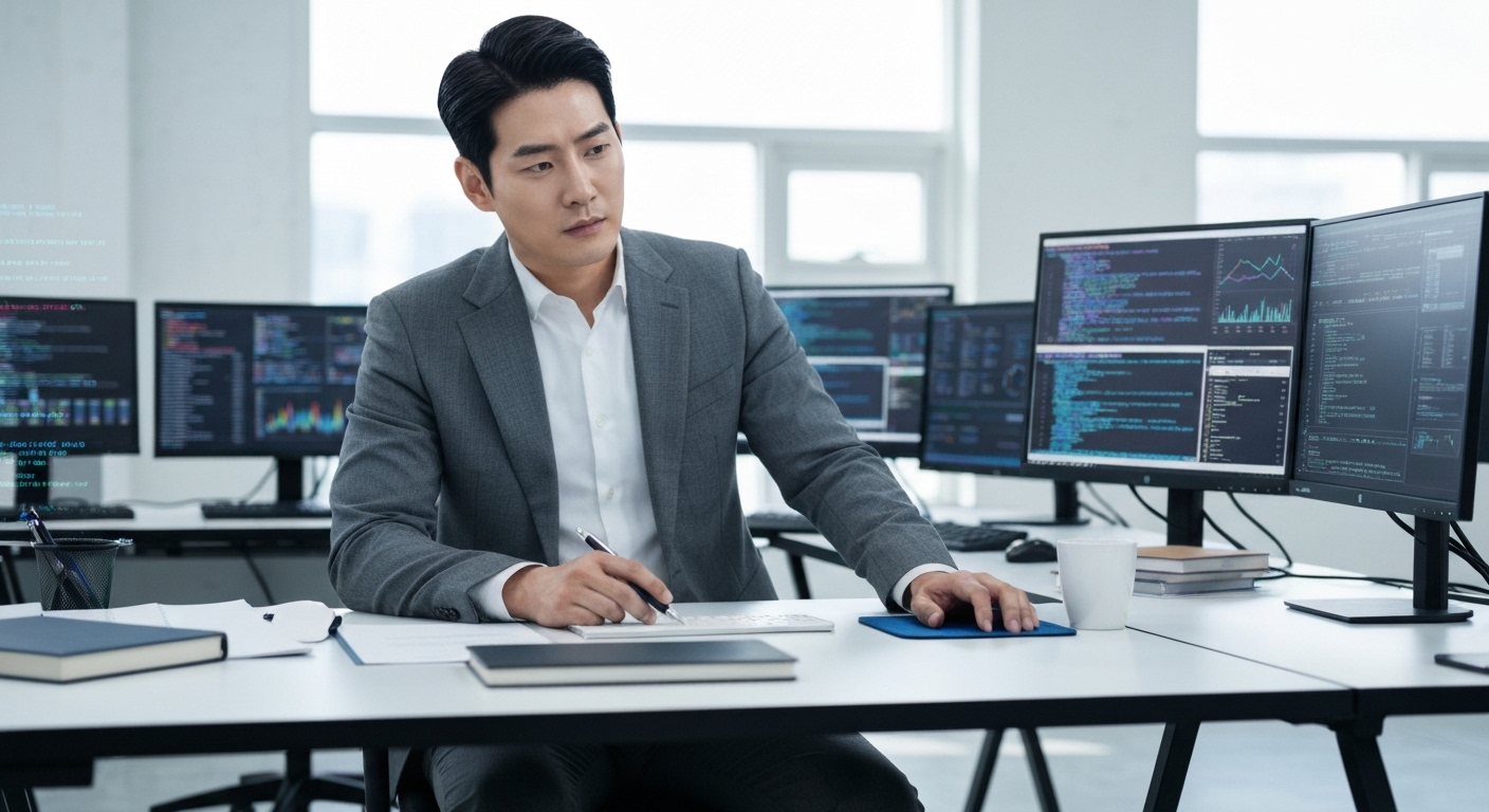 디지털 시대 정보보안 전문가의 모습과 보안 중요성 강조 이미지