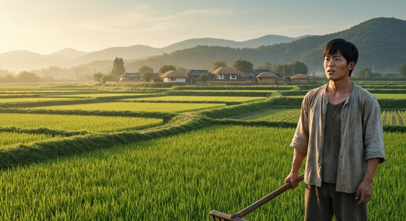 한국의 시골 농촌 풍경과 희망찬 젊은 귀농인의 모습
