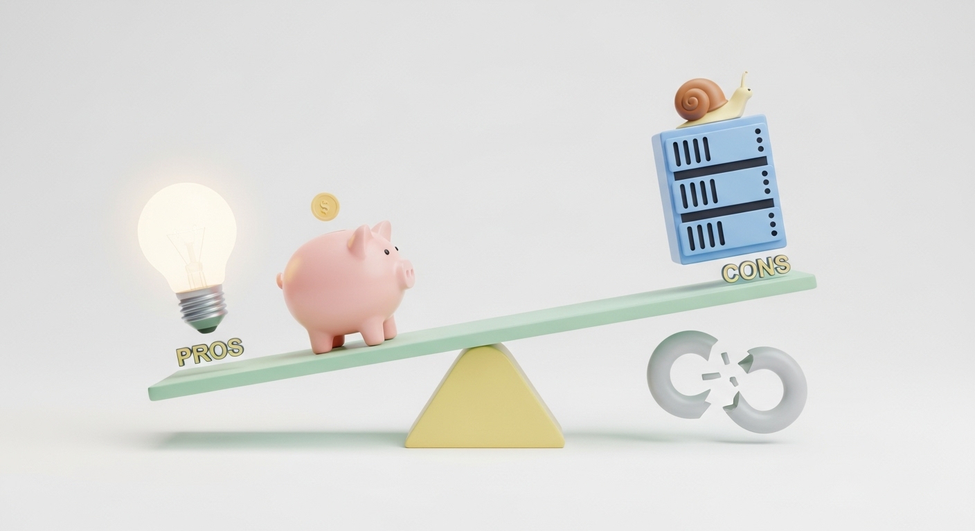 무료 웹호스팅의 장점과 단점을 표현하는 시소. 한쪽에는 아이디어와 비용 절감을 상징하는 전구와 돼지 저금통이, 다른 쪽에는 속도 저하와 한계를 의미하는 달팽이와 끊어진 쇠사슬이 있다.