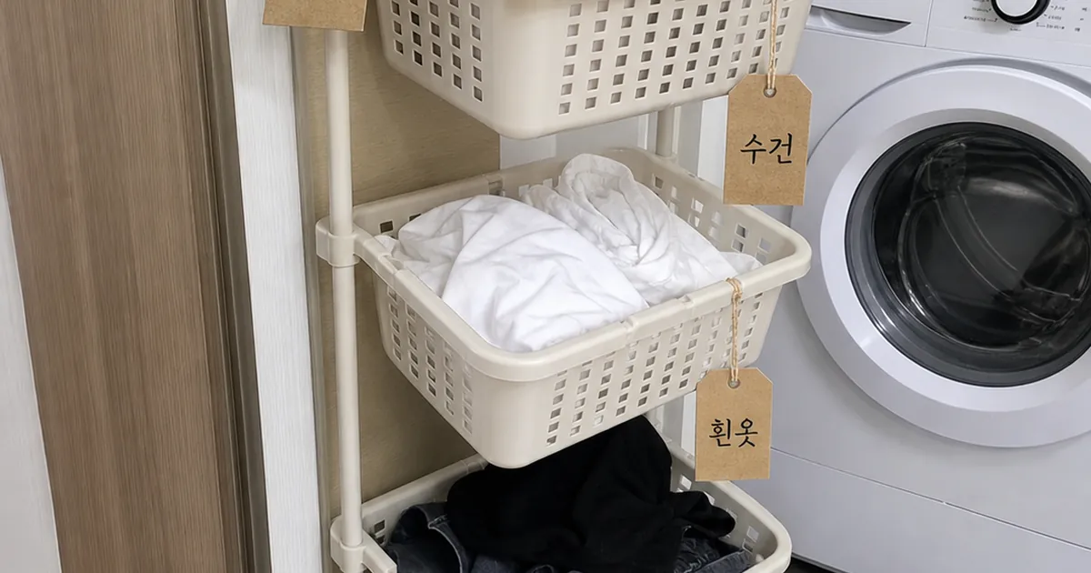 3단 이동식 빨래바구니에 흰옷과 수건을 나눠 담는 사용 장면 예시