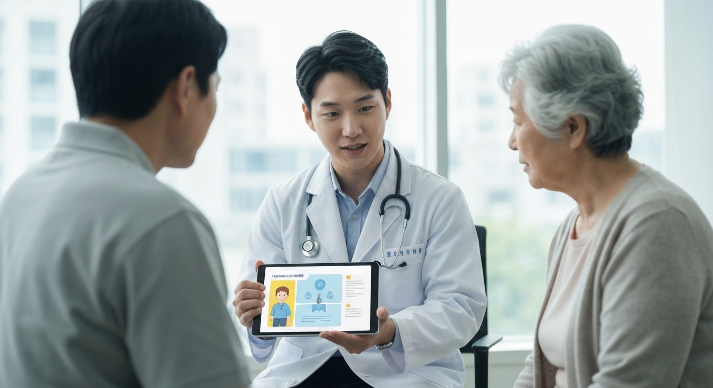 의사가 태블릿을 보여주며 노인 환자 및 보호자와 상담하는 모습