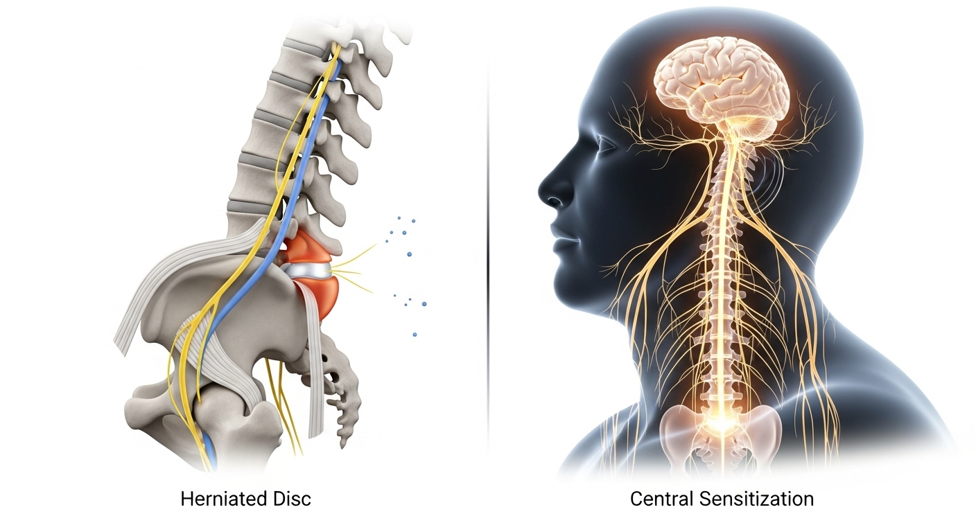 허리디스크의 구조적 문제와 통증을 느끼는 뇌신경계를 함께 보여주는 의료용 일러스트