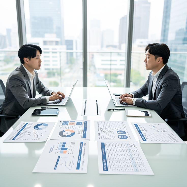 법인 거래 프로세스를 논의하는 한국 사무실 관리자와 구매 담당자