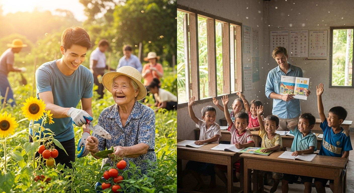국내 봉사와 해외 봉사를 비교하는 이미지, 한쪽은 지역 사회 노인을 돕는 모습, 다른 한쪽은 해외 아동을 가르치는 모습