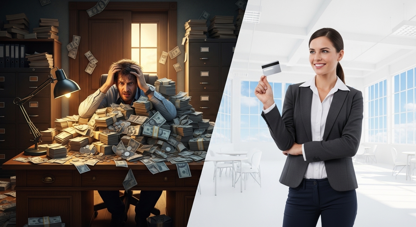 일반 사무실의 높은 초기 비용과 비상주사무실의 압도적인 비용 절감 효과를 극적으로 비교하는 이미지