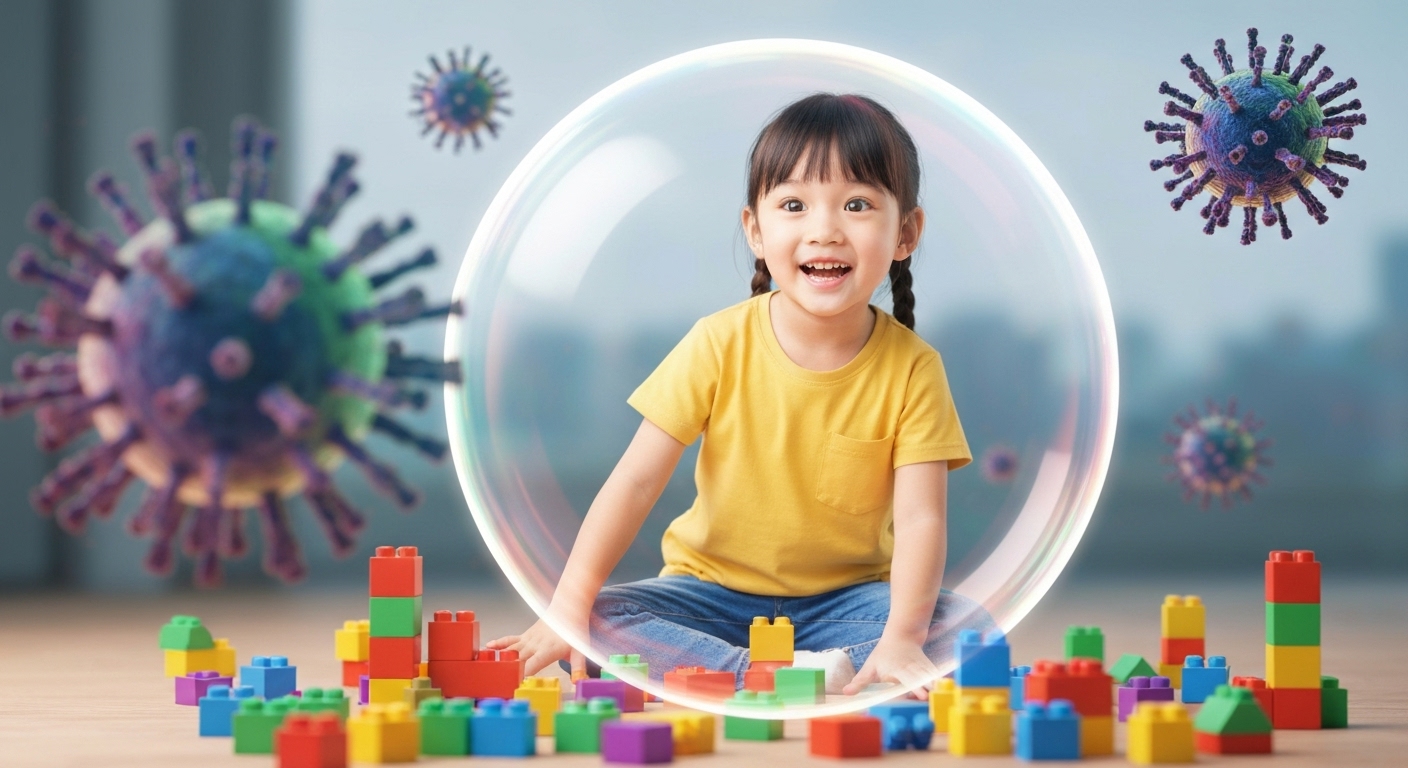 면역 방패를 상징하는 보호막 안에서 건강하게 놀고 있는 아이