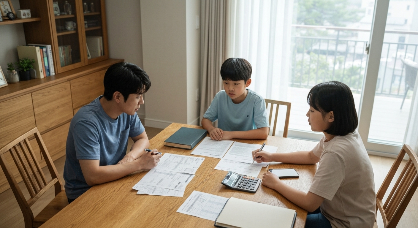 가구의 소득과 재산을 종합적으로 평가하는 국가장학금 소득분위를 계산하는 한국 가정의 모습