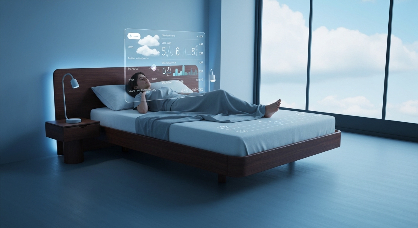 스마트 침대가 사용자의 수면 데이터를 분석하여 최적의 수면 환경을 제공하는 미래 헬스케어 기술