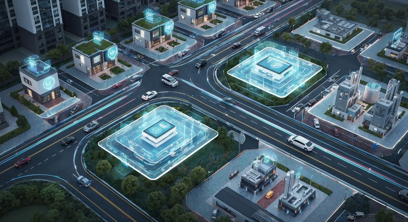 초연결 사회에서 스마트 홈, 자율주행차, 산업용 IoT 장치들이 서로 연결된 모습