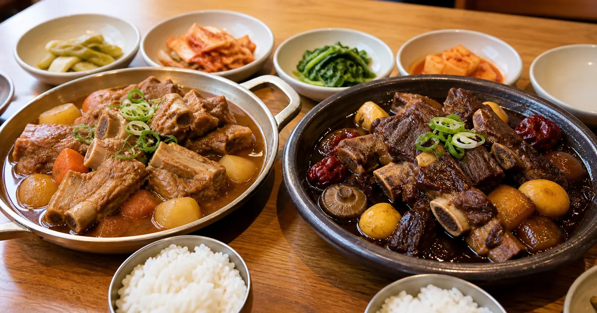 돼지갈비찜과 소갈비찜을 한 상에 놓고 고기 부위와 양념 농도 차이를 비교한 한식 점심 상차림