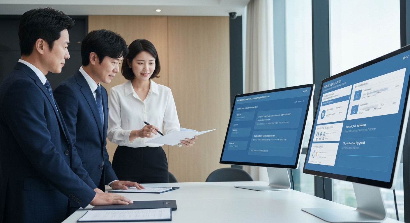 한국 기업 팀이 자동화 회계 프로그램 도입 고려사항을 검토하는 모습